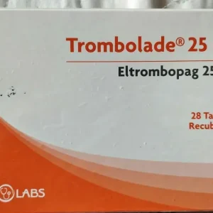 Imagen del medicamento Trombolade 25 mg caja con 28 tabletas recubiertas de Eltrombopag, tratamiento para trombocitopenia