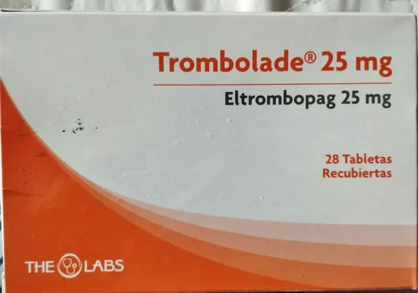 Imagen del medicamento Trombolade 25 mg caja con 28 tabletas recubiertas de Eltrombopag, tratamiento para trombocitopenia