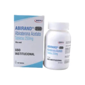 Frasco de Abirand 250 mg con 120 tabletas recubiertas de abiraterona acetato, indicado para el tratamiento del cáncer de próstata resistente en adultos