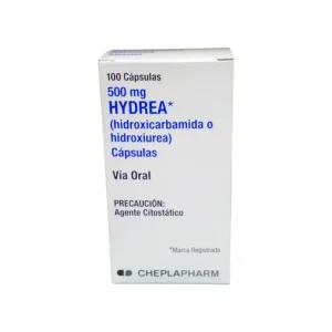 Imagen de la caja de Hydrea Hidroxiurea 500 mg con 100 cápsulas duras, medicamento indicado para leucemia mieloide crónica y otras enfermedades hematológicas