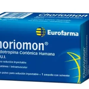 Imagen del medicamento Choriomon 5000 UI caja con 1 ampolla y solvente, utilizado para tratamientos de fertilidad y estimulación ovárica