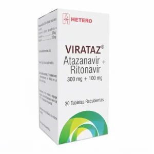 Imagen del medicamento Virataz 300/100 mg caja con frasco de 30 tabletas, que contiene atazanavir y ritonavir, usado en el tratamiento del VIH.