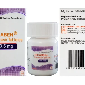 Imagen de Tecaben Entecavir 0.5 mg caja con frasco por 30 tabletas en Colombia