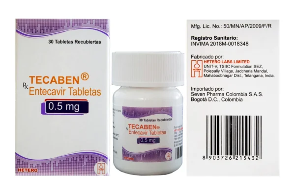 Imagen de Tecaben Entecavir 0.5 mg caja con frasco por 30 tabletas en Colombia