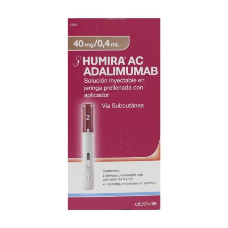 Presentación de Humira (Adalimumab) 40mg en caja con 2 jeringas prellenadas, solución inyectable subcutánea.