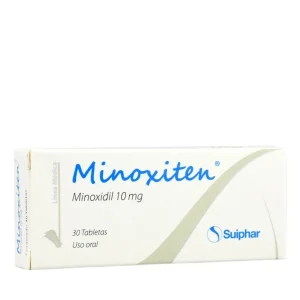 Frasco de Minoxiten (Minoxidil) 10 mg caja con 30 tabletas disponible en Colombia con respaldo INVIMA